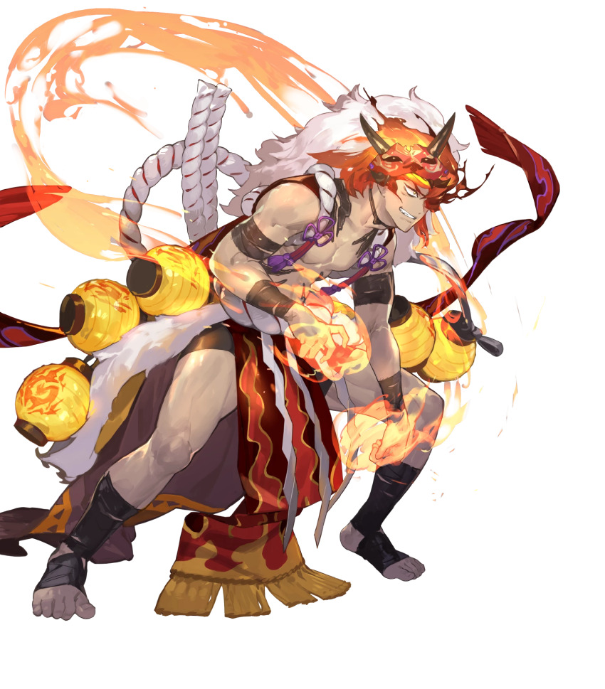 1boy abs attack bara body_markings dark-skinned_male dark_skin dragon_mask fake_hair fire_emblem fire_emblem_heroes flaming_hand grin hair_over_one_eye highres muscular muscular_male muspell_(fire_emblem) muspell_(flame)_(fire_emblem) nintendo non-web_source official_alternate_costume official_art orange_hair pelvic_curtain red_eyes shawl smile solo sumo