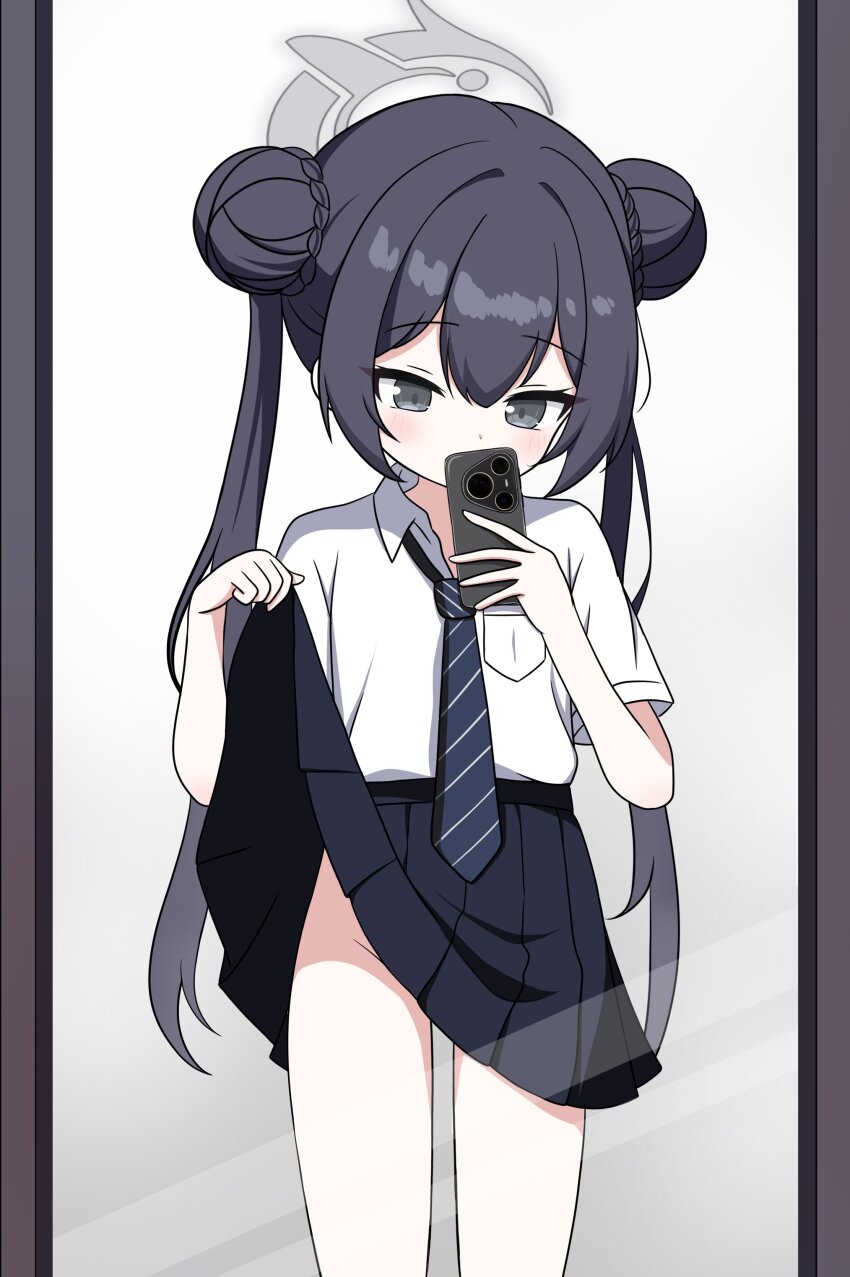 absurdres black_hair black_necktie black_skirt blue_archive blush braid braided_bun cellphone clothes_lift collared_shirt dot_nose double_bun grey_eyes grey_halo hair_between_eyes hair_bun halo hands_up highres holding holding_cellphone holding_phone iisa111111 kisaki_(blue_archive) kisaki_(school_uniform)_(blue_archive) lifting_own_clothes loli long_hair mirror_selfie necktie no_panties phone pleated_skirt school_uniform selfie shirt shirt_pocket shirt_tucked_in short_sleeves skirt skirt_lift smartphone solo standing thighs twintails very_long_hair white_shirt