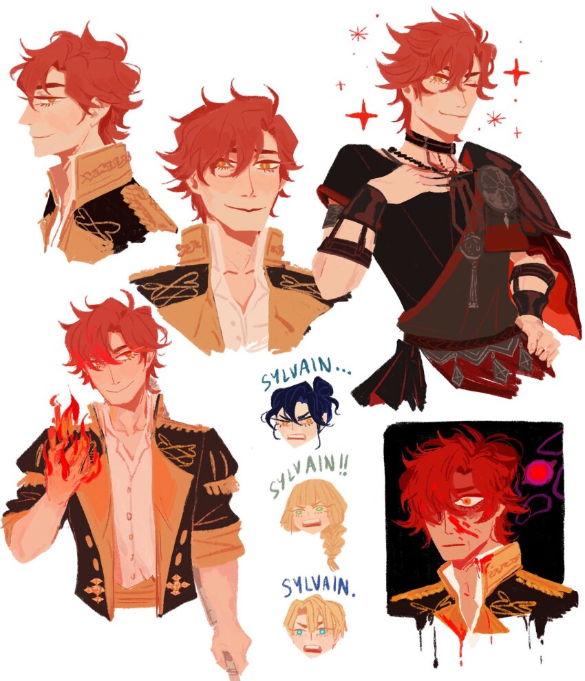 aqua_eyes arm_garter arm_up armband black_armband black_cape black_hair black_robe blonde_hair blood blood_on_face blue_eyes braid buttons cape character_name closed_mouth collared_jacket collared_shirt commentary dancer_(fire_emblem:_three_houses) dimitri_alexandre_blaiddyd dress_shirt empty_eyes english_commentary felix_hugo_fraldarius fire fire_emblem fire_emblem:_three_houses garreg_mach_monastery_uniform hair_between_eyes hair_bun hand_on_own_chest hand_on_own_hip highres ingrid_brandl_galatea jacket male_focus multiple_views nintendo one_eye_closed one_eye_covered open_clothes open_jacket open_mouth profile red_hair robe shirt side_cape simple_background single_braid single_hair_bun smile solo_focus sparkle spearmintaii sylvain_jose_gautier teeth upper_body upper_teeth_only white_background white_shirt yellow_eyes