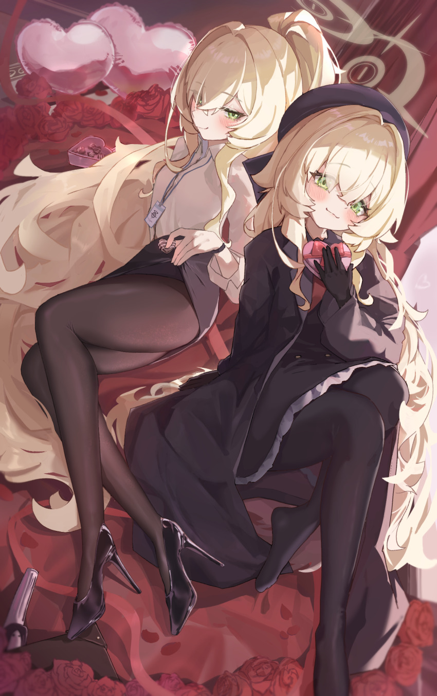2girls black_dress black_pantyhose blonde_hair blue_archive blush box box_of_chocolates candy chocolate chocolate_heart closed_mouth clothes_lift dress dual_persona flower food frills full_body gift gift_box green_eyes hair_between_eyes hat heart heart-shaped_box heart-shaped_food high_heels highres holding holding_gift jacket lanyard long_hair long_sleeves looking_at_viewer multiple_girls nekoplanetouo office_lady pantyhose pencil_skirt ponytail professor_niyaniya_(blue_archive) professor_niyaniya_(teacher)_(blue_archive) puffy_sleeves ribbon shirt shoes short_hair sitting skirt skirt_lift smile valentine very_long_hair white_shirt wings