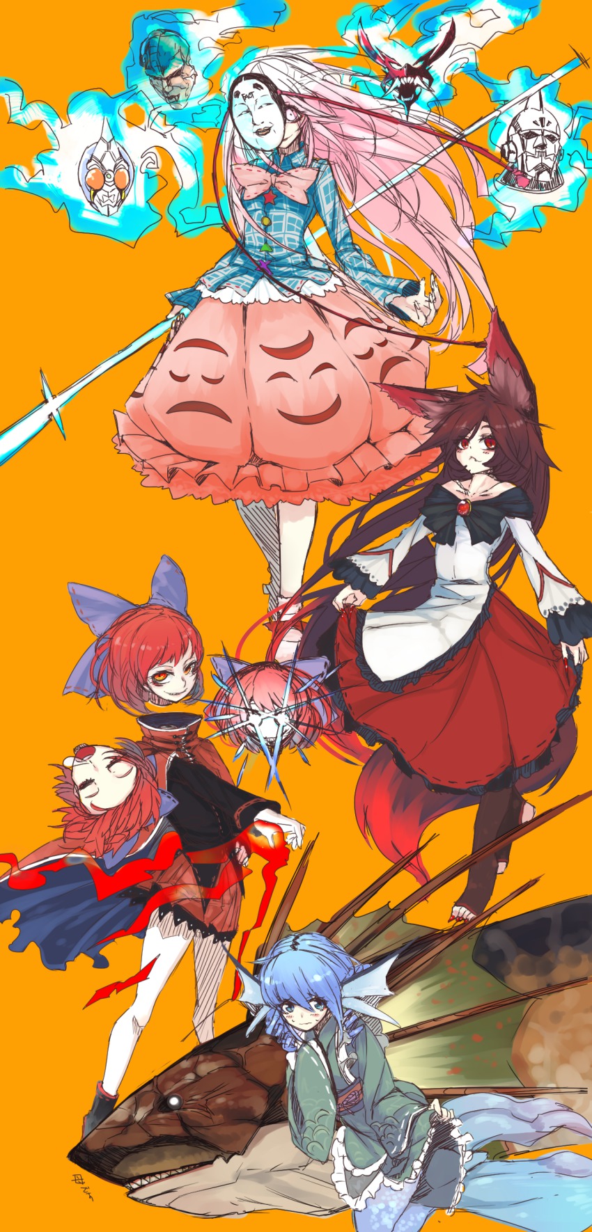 4girls absurdres akumetsu animal_ears bare_shoulders blue_eyes blue_hair blush bow brooch brown_hair bubble_skirt capcom cape carozzo_ronah closed_eyes dress fang female_focus fingernails fins fish glowing glowing_eyes gundam gundam_f91 hair_bow hata_no_kokoro head_fins headless highres imaizumi_kagerou japanese_clothes jewelry jojo_no_kimyou_na_bouken kamen_rider kamen_rider_blade kamen_rider_blade_(series) kumonji_aruto long_fingernails long_hair long_sleeves mask mermaid monster_girl monster_hunter_(series) multiple_girls naginata nukekubi obi open_mouth plaid_clothes plaid_shirt plesioth polearm purple_eyes purple_hair red_eyes red_hair sash sekibanki shirt short_hair skirt spear stone_mask_(jojo) touhou very_long_hair wakasagihime weapon wide_sleeves wolf_ears yellow_eyes