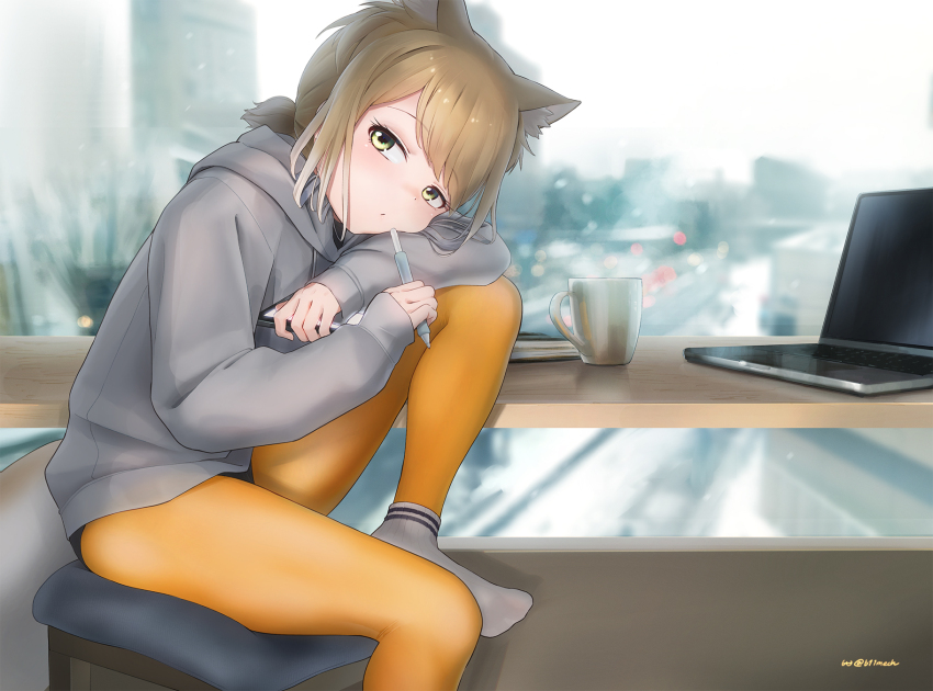 1girl alternate_costume alternate_hairstyle animal_ears beleven blunt_bangs blush casual cellphone computer cup desk extra_ears fox_ears fox_girl fox_tail grey_hair grey_hoodie highres hood hood_down hoodie kemono_friends laptop light_brown_hair long_sleeves mechanical_pencil mug multicolored_hair no_shoes pantyhose pencil phone ponytail short_hair short_ponytail sidelocks smartphone socks solo tail tibetan_fox_(kemono_friends) white_socks yellow_eyes yellow_pantyhose