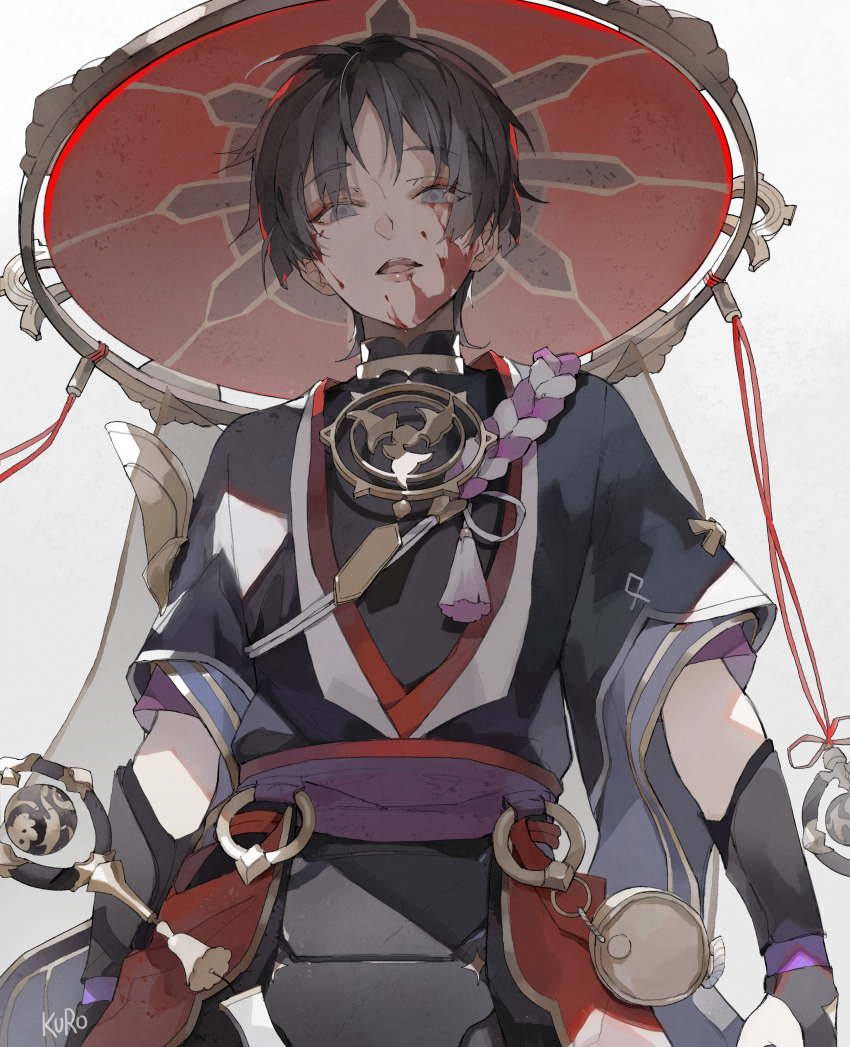 1boy absurdres alternate_eye_color arm_armor artist_name belt black_hair black_shirt blood blood_on_face bow genshin_impact gold grey_background grey_eyes grey_pants hat highres jewelry jingasa kamui_(kurohshiro1) lips looking_at_viewer looking_down male_focus mandarin_collar mitsudomoe_(shape) necklace open_mouth pants pom_pom_(clothes) purple_belt red_bow red_hat scaramouche_(genshin_impact) shirt short_hair short_sleeves simple_background smile solo standing teeth tomoe_(symbol) tongue watermark