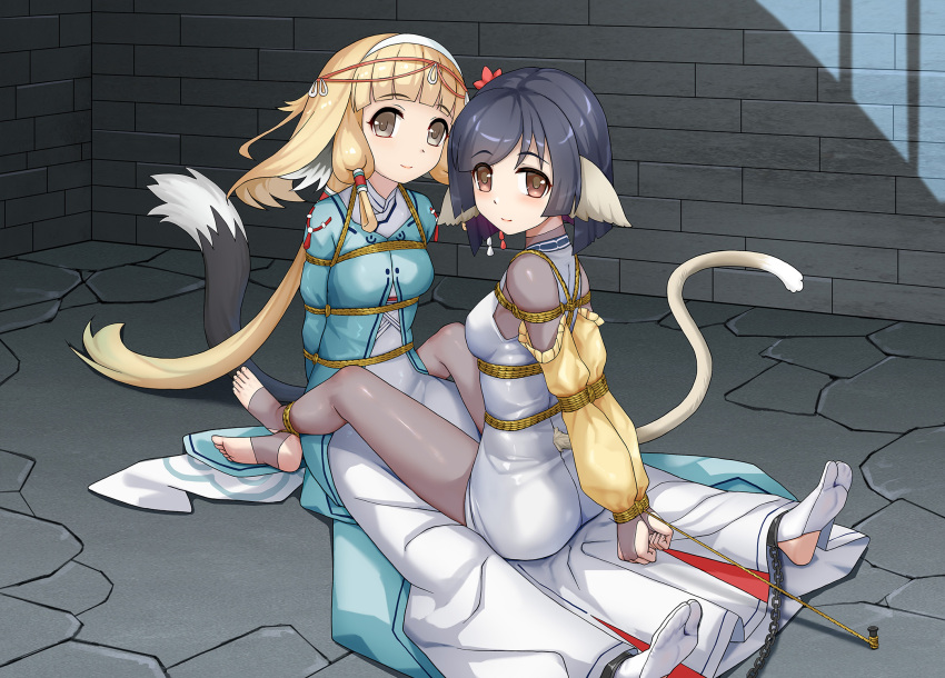 2girls ainu_clothes animal_ears bdsm black_hair black_tail blonde_hair bodysuit bondage bound bound_ankles bound_together bound_wrists breasts cat_tail character_request crossed_ankles cuffs dungeon feet haimei1980 hair_ornament hair_rings heads_together highres japanese_clothes kuon_(utawarerumono) leg_lock light_smile long_hair looking_at_viewer low_ponytail medium_hair multiple_girls on_floor orange_eyes ponytail see-through_clothes shackles siblings sisters sitting sitting_on_person small_breasts soles stirrup_legwear stone_floor tabi tail toeless_legwear utawarerumono utawarerumono:_lost_flag yellow_eyes