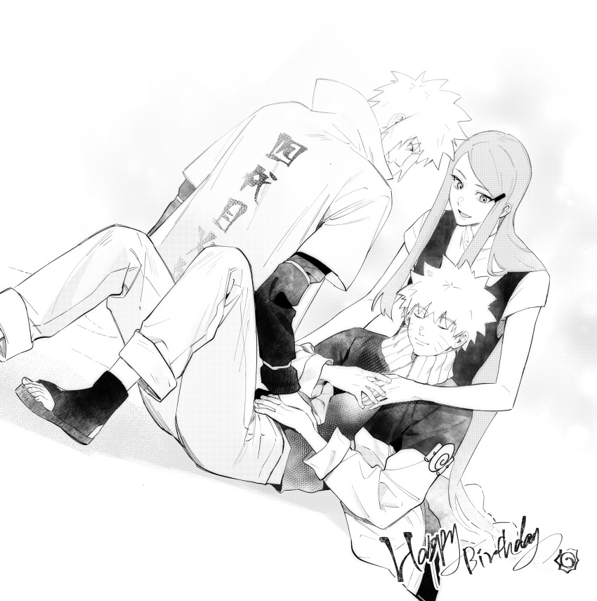 1girl 2boys closed_eyes closed_mouth dress facial_mark family greyscale hair_ornament hairclip happy_birthday highres jacket long_hair long_sleeves monochrome multiple_boys namikaze_minato naruto_(series) naruto_shippuuden open-toe_shoes open_mouth pants sf_(sf_404) short_hair short_sleeves spiked_hair uzumaki_kushina uzumaki_naruto very_long_hair whisker_markings