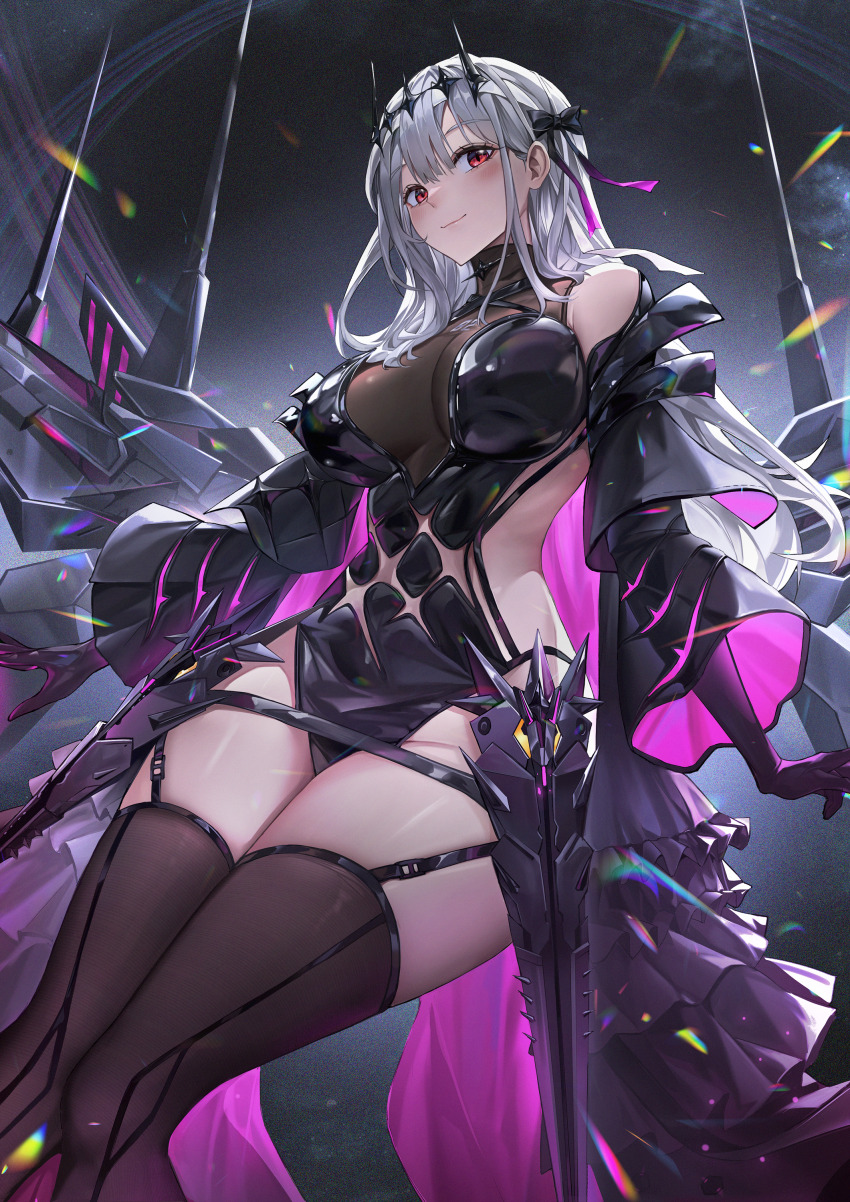 1girl absurdres bandaged_head bandages bare_shoulders black_dress black_gloves black_ribbon black_thighhighs black_tiara blush bodystocking breasts cape cleavage closed_mouth clothing_cutout commentary cowboy_shot detached_sleeves dress eru_(eru_illust) garter_straps gloves goddess_of_victory:_nikke grey_hair hair_between_eyes hair_ornament hair_ribbon highres large_breasts lens_flare long_hair long_sleeves looking_at_viewer modernia_(nikke) modernia_(second_affection)_(nikke) official_alternate_costume purple_cape purple_gloves red_eyes ribbon rigging see-through_clothes see-through_cleavage side_cutout skindentation smile solo standing thighhighs thighs tiara wide_sleeves