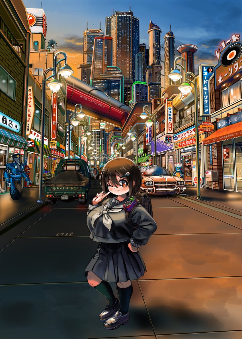 1girl 2022 absurdres backpack bag black_serafuku black_socks breasts brown_eyes brown_hair building car cloud commentary_request evening hai_to_hickory hand_on_own_hip highres huge_breasts kei_truck kneehighs lamppost medium_hair medium_skirt motor_vehicle one_eye_closed orange_sky original pleated_skirt randoseru robot school_uniform science_fiction serafuku skirt sky skyscraper smile socks solo storefront truck