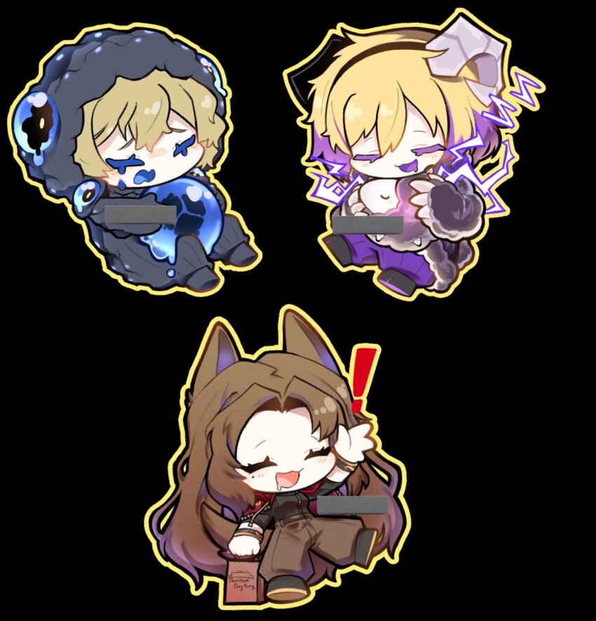 1boy 2girls :3 :d animal_ears arm_up black_background blonde_hair blubbering_toad_(project_moon) brown_hair cavernous_wailing_(e.g.o) closed_eyes crying dog_ears dog_tail don_quixote_(project_moon) dreaming_electric_sheep drooling e.g.o_(project_moon) electric_screaming_(e.g.o) hair_intakes highres horns limbus_company liu_association_south_uniform long_hair multicolored_hair multiple_girls open_mouth project_moon rodion_(project_moon) sheep_horns simple_background sinclair_(project_moon) smile streaked_hair tail very_long_hair zeremi0102