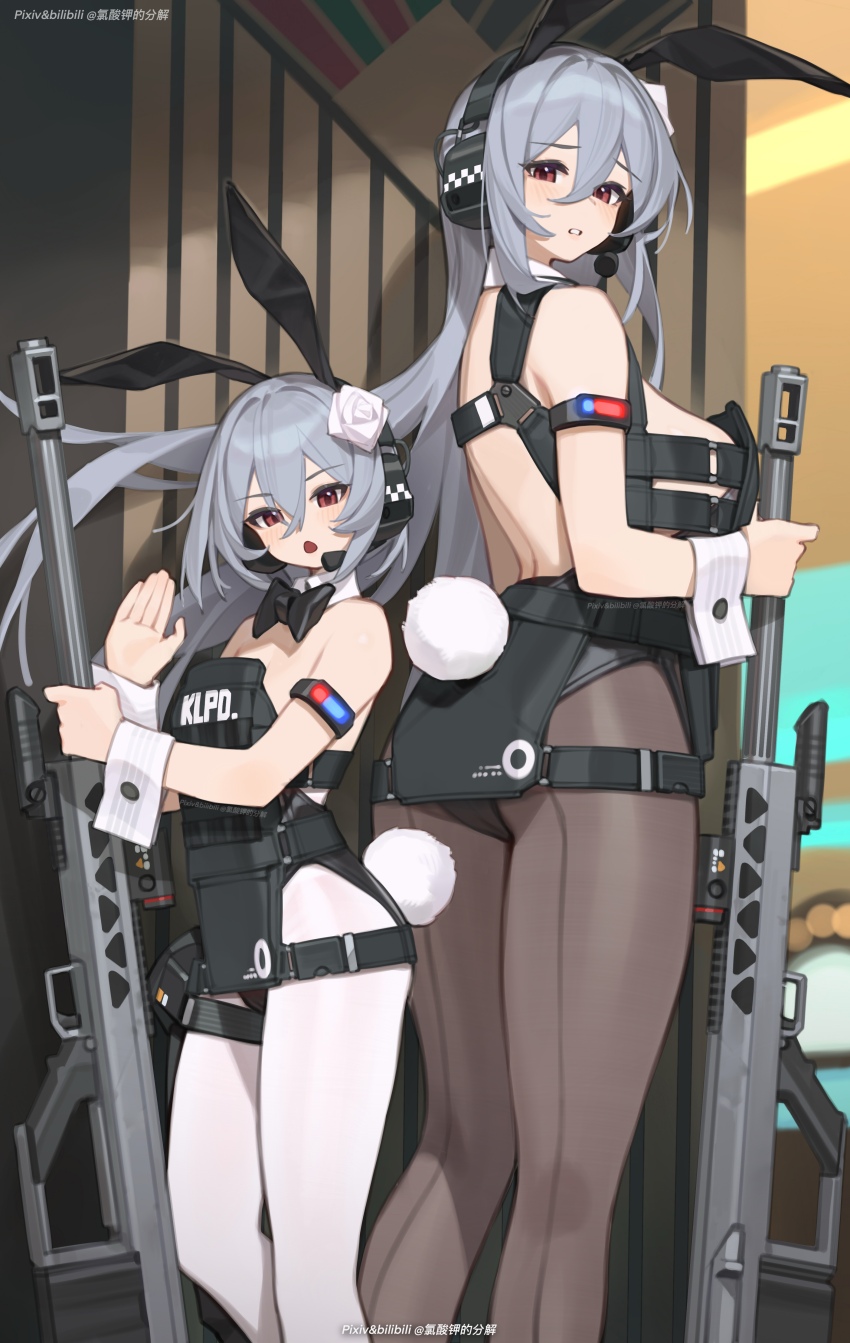 2girls absurdres animal_ears bilibili_xiaolu breasts brown_pantyhose fake_animal_ears flower grey_hair gun hair_flower hair_ornament headset highres holding holding_gun holding_weapon large_breasts long_hair multiple_girls original pantyhose rabbit_ears red_eyes rifle short_hair sniper_rifle very_long_hair weapon white_pantyhose