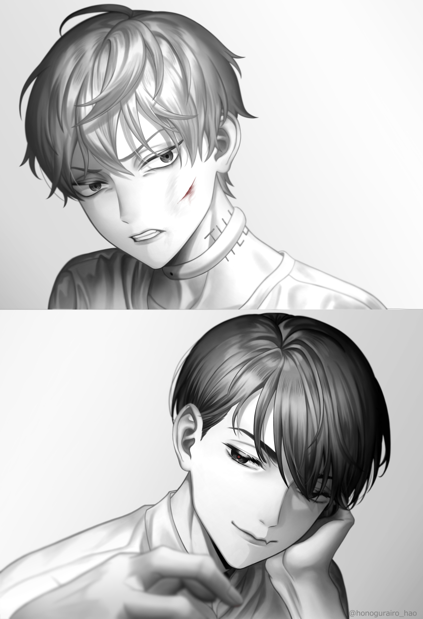 2boys absurdres alien_stage blood choker commentary_request greyscale head_on_hand highres honogurairo_hai injury ivan_(alien_stage) male_focus monochrome multiple_boys neck_tattoo red_pupils short_hair spot_color tattoo till_(alien_stage) very_short_hair