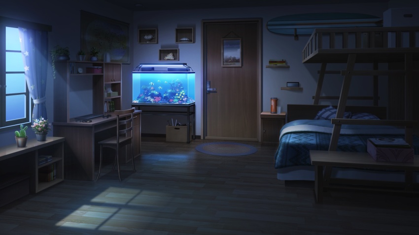 analog_clock apartment aquarium bedroom book box cardboard_box chair clock coffee_maker computer curtains dark desk glowing highres indoors laptop map_(object) model_ship moonlight night no_humans non-web_source official_art our_life:_beginnings_and_always plant potted_plant rug scenery seashell shelf shell surfboard window window_light wooden_chair wooden_door wooden_floor
