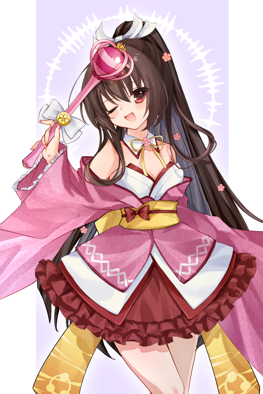 1girl ;d absurdres adapted_costume alternate_hairstyle arm_behind_back bare_shoulders blush_stickers bow breasts brown_hair cherry_blossoms chinese_commentary collarbone commentary_request cowboy_shot detached_collar eyes_visible_through_hair flower frilled_skirt frilled_sleeves frills hair_between_eyes hair_bow hair_flower hair_ornament hand_up happy highres holding holding_wand japanese_clothes kimono long_hair long_sleeves looking_at_viewer magical_girl medium_breasts neck_ribbon one_eye_closed open_mouth pink_kimono purple_background red_bow red_eyes red_skirt ribbon sash simple_background skirt smile solo straight_hair tenshinranman unohana_no_sakuyahime very_long_hair wand white_bow white_kimono wide_sleeves yellow_ribbon yellow_sash yuyu_usaki