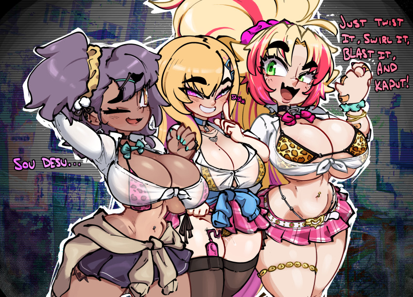 3girls animal_print bandaid barbariana_(last_origin) barbariana_(naughty_gal_barbariana-san)_(last_origin) blonde_hair boryeon_(last_origin) breasts clothes_around_waist cowboy_shot dark-skinned_female dark_skin discreet_vibrator green_eyes green_nails grin gyaru highres jellot large_breasts last_origin leopard_print multiple_girls navel_piercing one_eye_closed open_mouth piercing pink_eyes ponytail purple_hair quick_camel scrunchie sex_toy shirt skirt smile sweater sweater_around_waist thick_thighs thigh_strap thighhighs thighs tied_shirt vibrator vibrator_in_thighhighs wide_hips wrist_scrunchie
