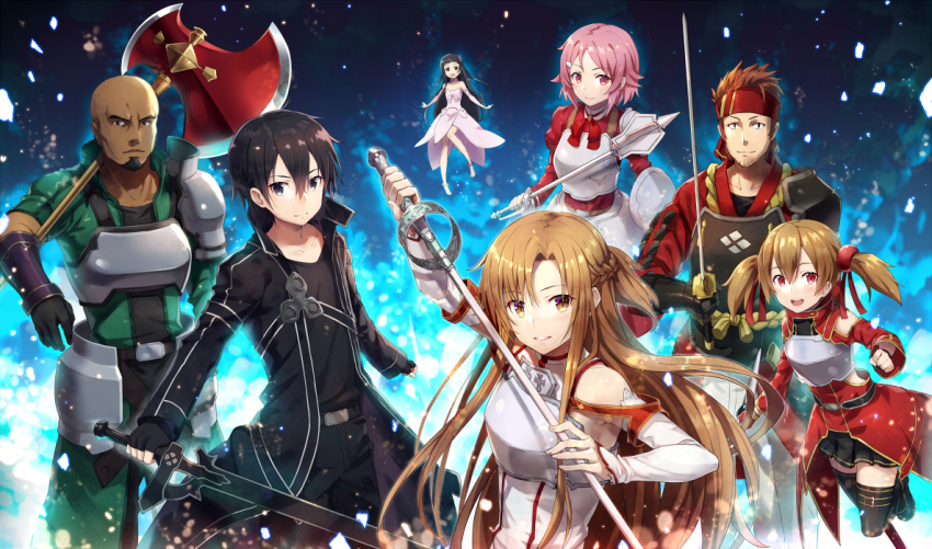 3boys 4girls :d agil anklet arm_up armor armored_dress asuna_(sao) axe bald bandana barefoot beard belt black_eyes black_gloves black_hair black_pants black_shirt black_skirt blue_flower breastplate brown_eyes brown_hair choker collarbone dark_skin detached_sleeves dress facial_hair fingerless_gloves floating_hair flower gabiran gloves hair_between_eyes hair_flower hair_ornament hair_ribbon hairclip holding holding_mace holding_sword holding_weapon jewelry katana kirito klein_(sao) lisbeth_(sao) long_hair looking_at_viewer mace mini_person minigirl miniskirt multiple_boys multiple_girls open_mouth pants pauldrons pink_hair pleated_skirt rapier red_dress red_eyes red_ribbon ribbon shirt short_hair shoulder_armor silica skirt sleeveless sleeveless_dress smile spiked_hair strapless strapless_dress sword sword_art_online thighhighs twintails very_long_hair war_hammer warhammer weapon white_armor white_dress yui_(sao) yui_(sao-alo) zettai_ryouiki