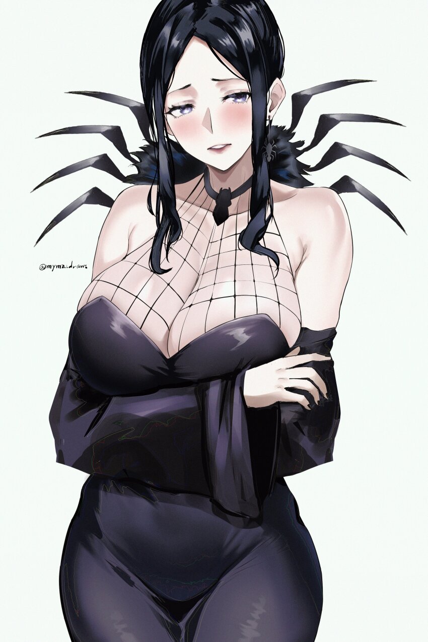 1girl absurdres arachne_gorgon bare_shoulders black_dress black_hair black_nails blush breasts cleavage commentary commission cowboy_shot crossed_arms dress english_commentary highres huge_breasts long_sleeves looking_at_viewer mymzi nail_polish parted_lips purple_eyes sidelocks simple_background solo soul_eater spider_earrings twitter_username wide_sleeves