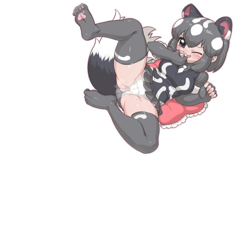 1girl animal_ears black_eyes black_hair black_vest blush breasts cameltoe commentary_request commission elbow_gloves extra_ears fang feet foot_up full_body gloves grey_gloves grey_skirt grey_thighhighs highres holding_nose kemono_friends kuro_(kurojill) lying medium_breasts multicolored_hair necktie no_shoes on_back one_eye_closed open_mouth outline panties paw_print_soles pillow pink_outline pink_pillow pleated_skirt second-party_source shirt short_hair short_sleeves simple_background skindentation skirt skunk_ears skunk_girl skunk_tail smile soles solo spotted_skunk_(kemono_friends) spread_legs steaming_clothes sweat tail thighhighs toes two-tone_hair underwear vest white_background white_hair white_necktie white_panties