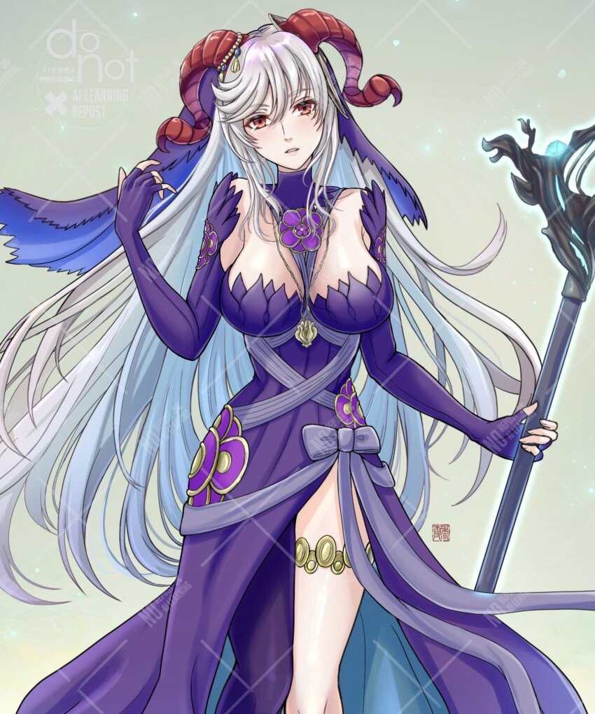1girl azura_(fire_emblem) azura_(fire_emblem)_(cosplay) azura_(lady_of_ballads)_(fire_emblem) blue_hair breasts cleavage cosplay detached_sleeves dress fingerless_gloves fire_emblem fire_emblem_fates fire_emblem_heroes freyja_(fire_emblem) gloves goat_horns grey_hair headdress highres holding holding_staff horns jewelry kousetu0506 large_breasts long_hair looking_at_viewer multicolored_hair nintendo pendant purple_dress red_eyes solo staff swept_bangs very_long_hair