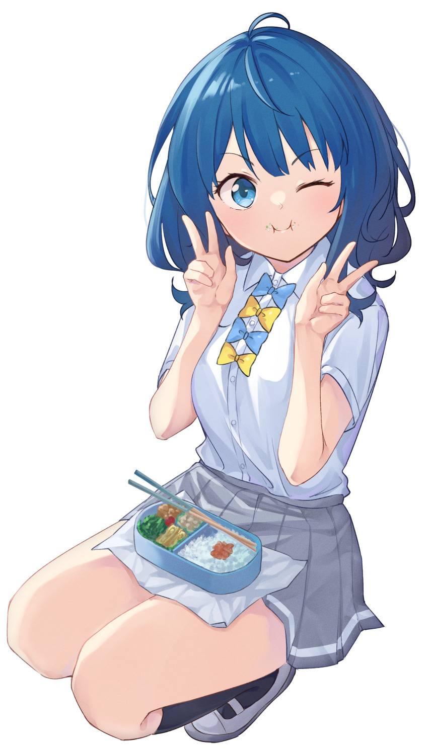 1girl 53c_(ray_cordova) absurdres ahoge bento black_socks blue_bow blue_eyes blue_hair bow chopsticks closed_mouth commentary double_v eating food food_on_face grey_skirt highres looking_at_viewer make_heroine_ga_oo_sugiru! medium_hair one_eye_closed pleated_skirt rice school_uniform shirt short_sleeves sitting skirt socks solo summer_uniform thighs v white_background white_footwear white_shirt yanami_anna yellow_bow