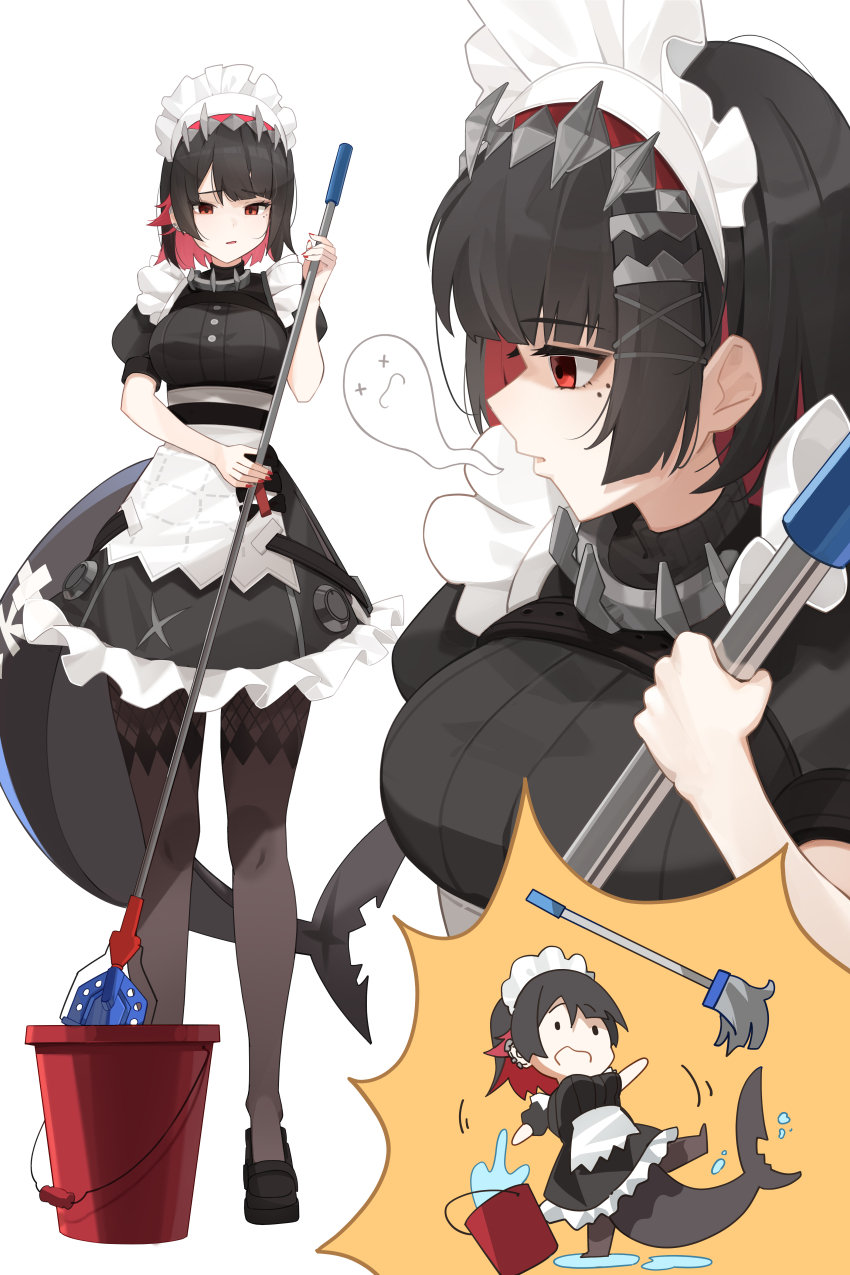 1girl absurdres apron black_hair black_pantyhose breasts bucket bucket_of_water ellen_joe exhausted fins fish_tail frilled_hairband frills full_body hairband high_heels highres holding holding_mop large_breasts maid maid_apron maid_headdress mole mole_under_eye mop open_mouth opm7760 pantyhose red_eyes red_nails shark_girl shark_tail simple_background soul spiked_hairband spikes tail tripping waist_apron white_apron white_background zenless_zone_zero