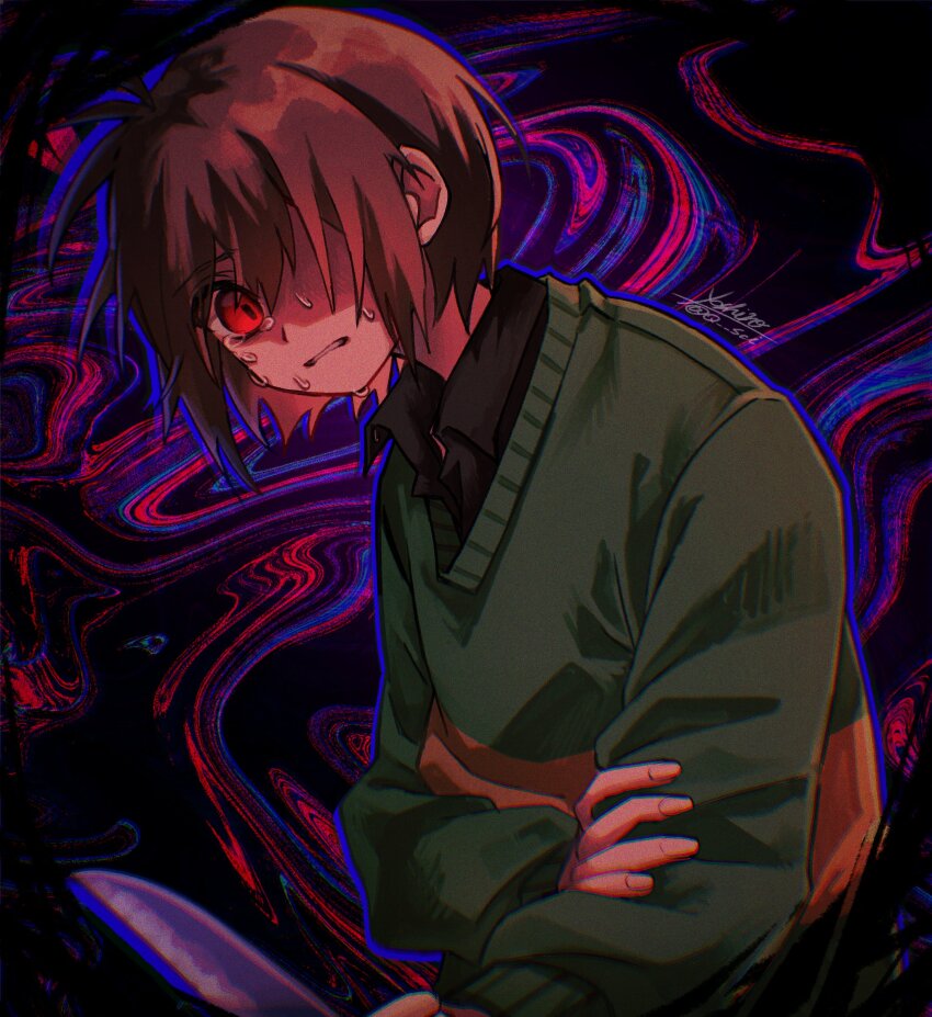 1other absurdres black_shirt brown_hair commentary deltarune green_sweater hair_over_one_eye hand_on_own_arm hashtag-only_commentary highres holding holding_knife knife kris_(deltarune) long_sleeves red_eyes shirt short_hair signature striped_clothes striped_shirt sweat sweater tears twitter_username yoshino_(q_sci)