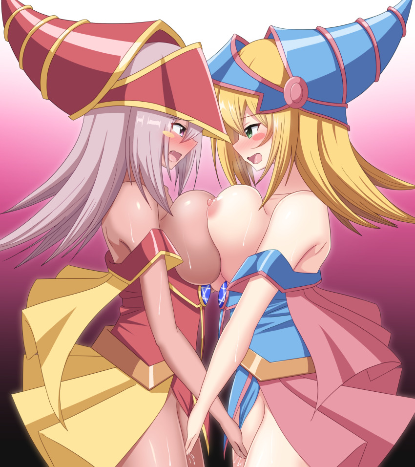 2girls blonde_hair blush blush_stickers breast_fight breast_press breasts breasts_out clothed_sex dark-skinned_female dark_magician_girl dark_skin dual_persona duel_monster female_ejaculation fingering fingering_each_other green_eyes grey_hair hexagram highres huge_breasts long_hair multiple_girls nipples open_mouth orgasm paradox_1818 pink_eyes selfcest sex_fight standing star_of_david sweat symmetrical_docking tagme vaginal yu-gi-oh! yuri