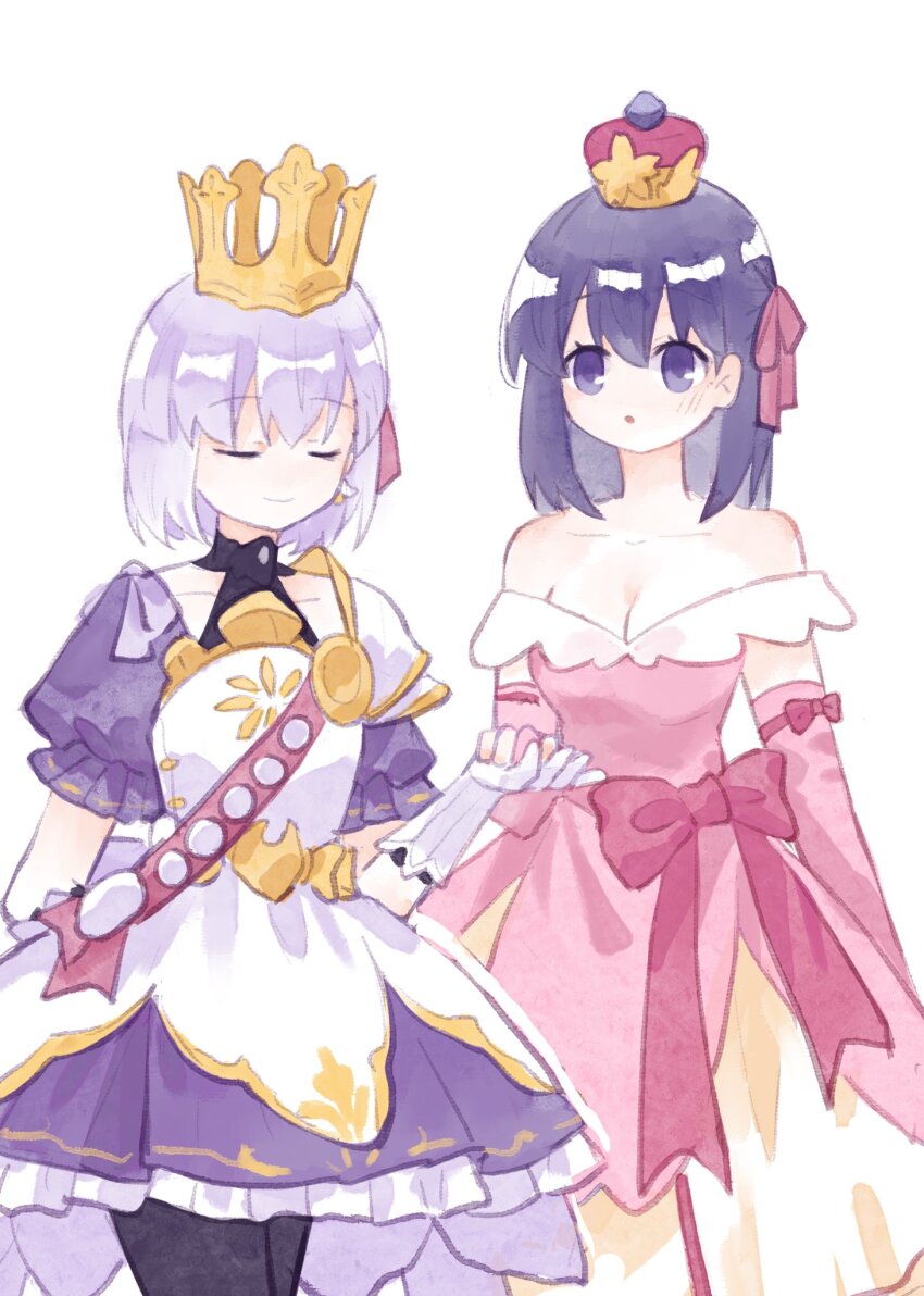 2girls bare_shoulders blush bow breasts cleavage closed_eyes collarbone crown detached_sleeves dress fate/grand_order fate/stay_night fate_(series) frilled_dress frills gloves hair_bow halterneck highres holding_hands kama_(fate) kama_(first_ascension)_(fate) leggings looking_at_another matou_sakura medium_hair minamisakura011 multiple_girls purple_hair sash simple_background sketch white_background white_gloves