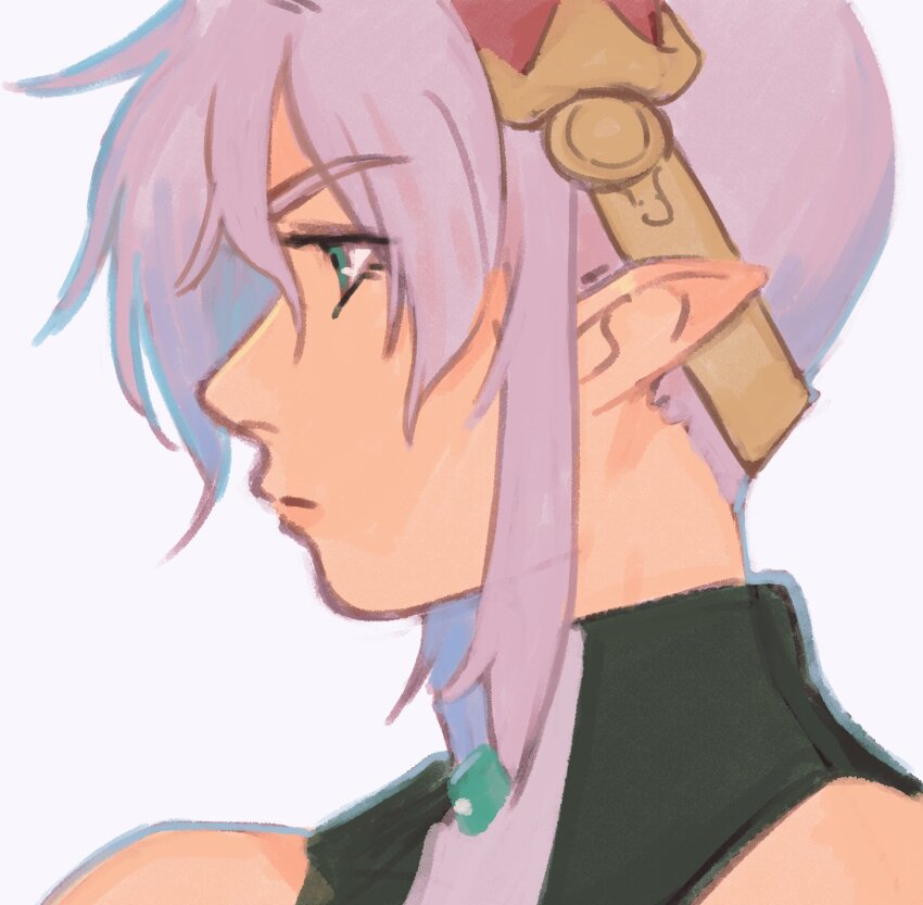 1girl aqua_eyes bare_shoulders closed_mouth dominia_yizkor frown gan2 grey_hair hairband highres pointy_ears portrait red_hairband short_hair simple_background solo white_background xenogears