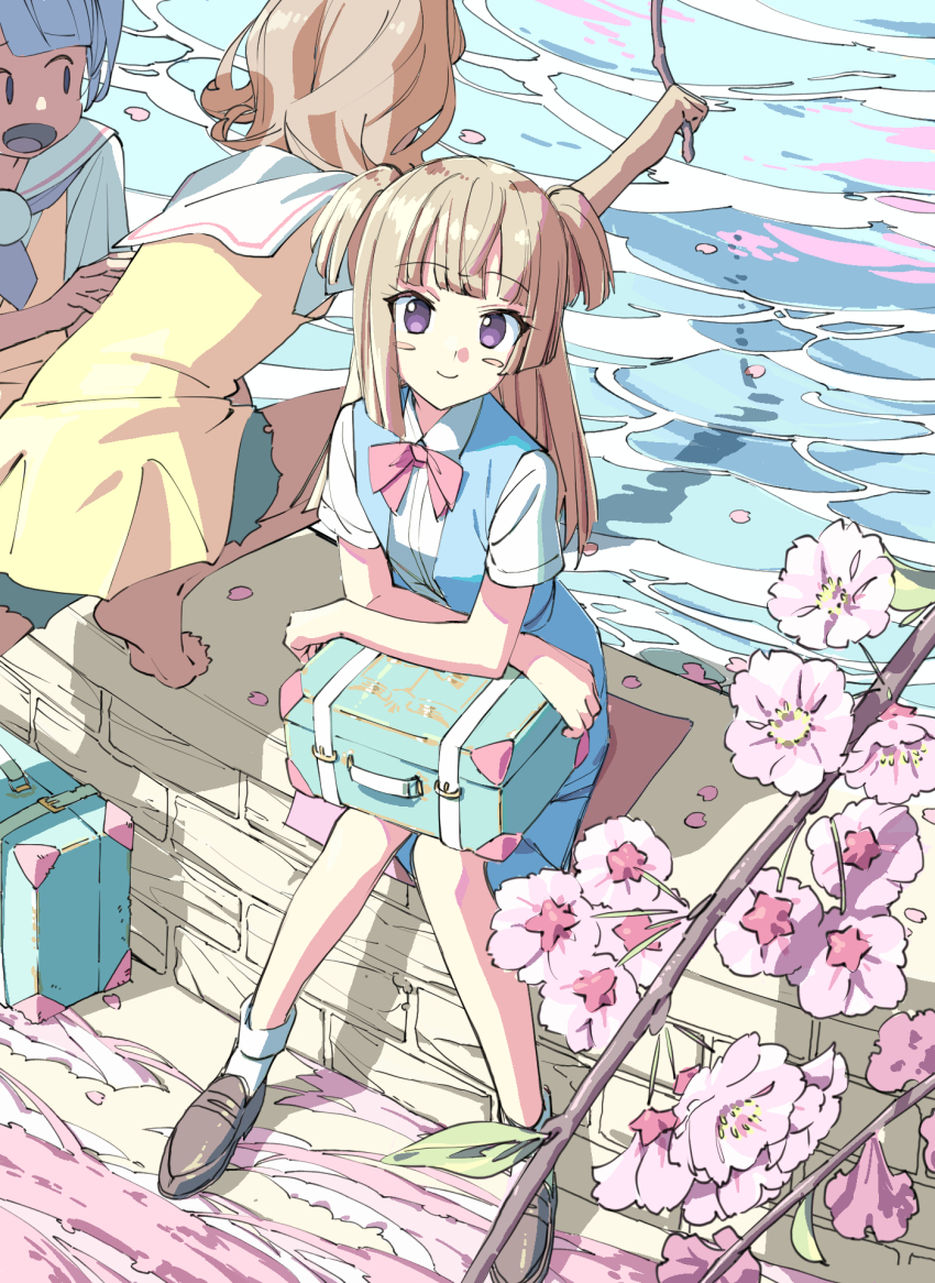 3girls ahoge blue_dress blunt_bangs branch brown_footwear brown_hair cherry_blossoms collared_shirt commentary_request day dress full_body highres holding holding_branch kishimen_hair loafers long_hair looking_at_viewer manaka_non manaka_non_(normal) masunikuru multiple_girls open_mouth outdoors paprika_private_academy_school_uniform petals pretty_series pripara purple_eyes purple_hair sailor_collar school_uniform shirt shoes short_dress short_hair short_sleeves sitting smile socks spring_(season) suitcase taiyo_pepper tsukikawa_chili tsukikawa_chili_(normal) two_side_up water white_sailor_collar white_shirt white_socks yellow_dress