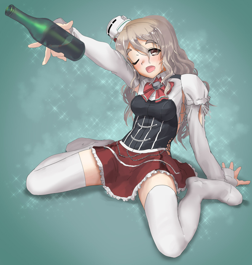 1girl bottle breasts commentary_request commission full_body grey_eyes grey_hair hat highres kantai_collection long_hair looking_at_viewer mini_hat nadeara_bukichi one_eye_closed open_mouth pola_(kancolle) sitting skeb_commission skirt small_breasts smile solo thick_eyebrows thighhighs tilted_headwear wariza wavy_hair white_thighhighs wine_bottle zettai_ryouiki