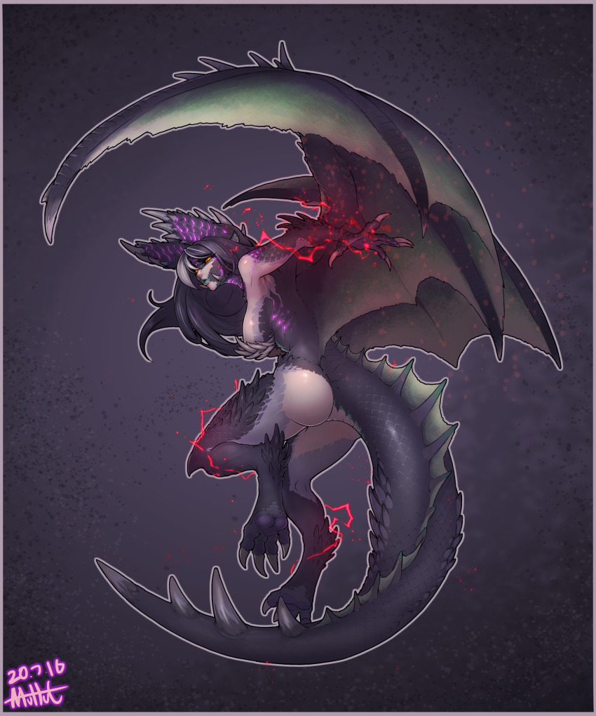 1girl absurdres alatreon ass black_hair black_scales breasts claws dragon_girl dragon_wings dynamic_pose full_body highres horns lightning monster_girl monster_hunter_(series) muhut orange_eyes red_lightning scales solo spikes tail wings