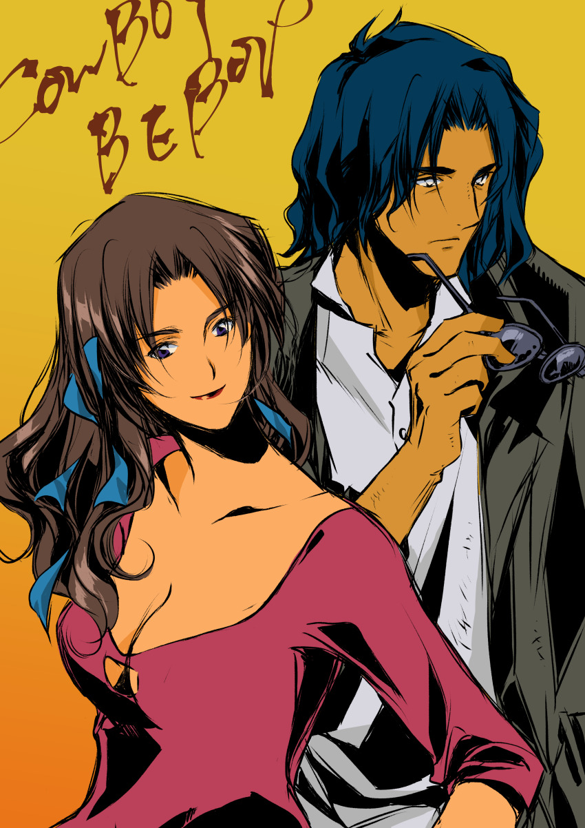 1boy 1girl absurdres asimov_solensan breasts couple cowboy_bebop dark-skinned_female dark-skinned_male dark_skin highres katerina_solensan sunglasses tobalin yellow_background