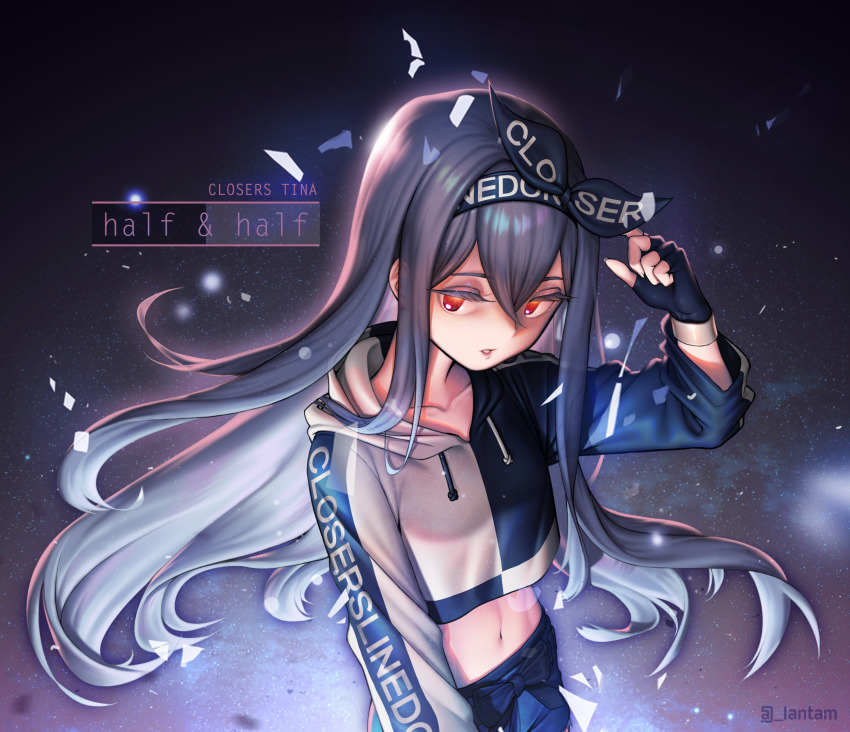 1girl absurdres black_gloves character_name closers commentary copyright_name english_commentary female_focus fingerless_gloves gloves grey_hair highres hood hoodie lantam long_hair long_sleeves looking_at_viewer midriff navel red_eyes solo tina_(closers) twitter_username