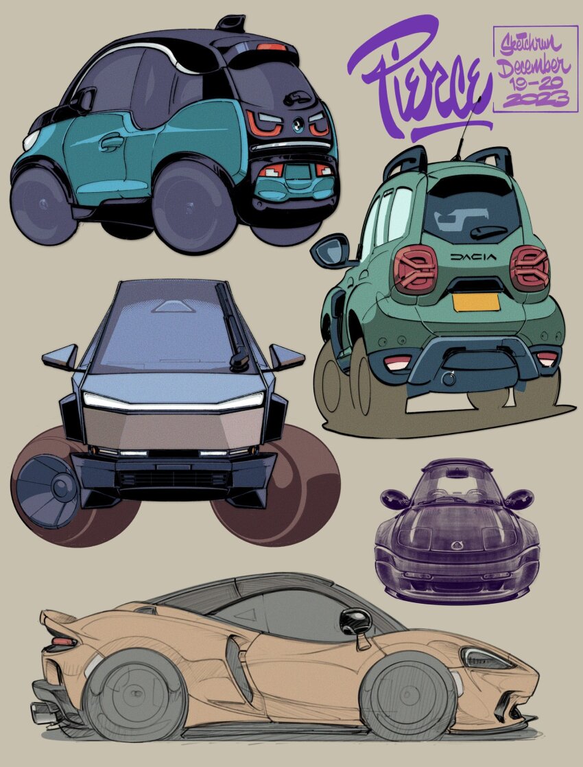 artist_name bmw bmw_i3 brown_background car commentary dacia dacia_duster dated english_commentary flower from_side highres lotus_(brand) lotus_elan mclaren original shadow sports_utility_vehicle tesla_(company) tesla_cybertruck vehicle_focus vehicle_request will_pierce