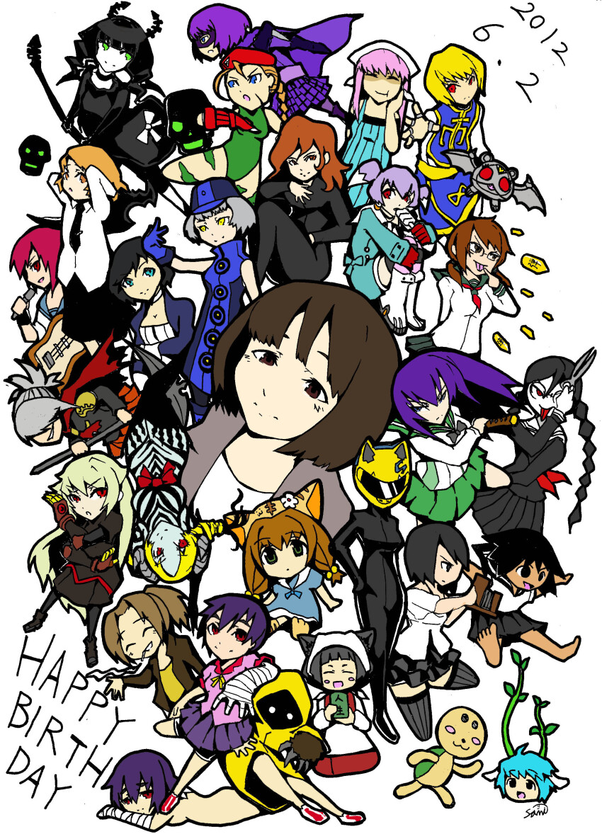 6+girls absurdres bioshock bioshock_(series) bioshock_infinite black_hair black_necktie black_skirt blonde_hair blue_gloves blue_hair blush_stickers bow braid brown_eyes brown_hair cammy_white celty_sturluson character_request closed_eyes copyright_request danganronpa_(series) durarara!! elizabeth_(bioshock_infinite) elizabeth_(persona) english_text fukawa_toko genocider_shou gloves green_eyes grey_hair guitar happy_birthday highres hit-girl holding holding_microphone holding_scissors instrument kick-ass light_blue_hair microphone multiple_girls necktie open_mouth persona pink_hair purple_hair purple_skirt red_bow red_eyes sailor_collar samidare_satsuki sawashiro_miyuki school_uniform scissors skirt street_fighter top_wo_nerae!_(series) top_wo_nerae_2! voice_actor_connection yellow_eyes
