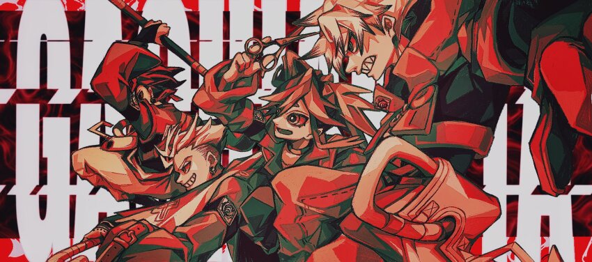 1girl 3boys arm_up clenched_teeth copyright_name dynamic_pose earrings enjin_(gachiakuta) from_side frown gachiakuta gloves grin highres holding holding_scissors holding_staff holding_umbrella jewelry limited_palette long_sleeves multiple_boys opposing_sides parody red_background riyo_reaper rudo_(gachiakuta) scissors sharp_teeth short_hair smile spiked_hair staff style_parody teeth text_background tom_tom_000 twintails umbrella undercut urana_kei_(style) wide_sleeves zanka_nijiku zipper_pull_tab