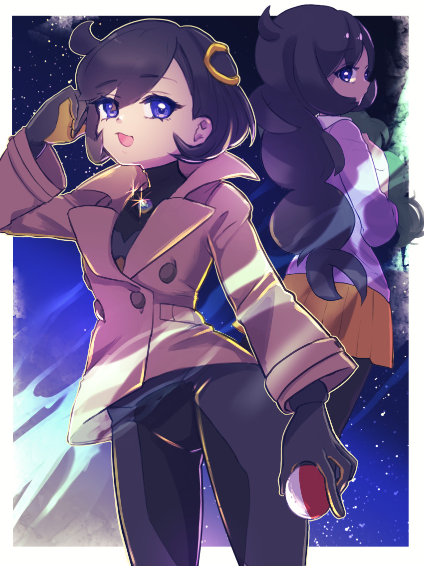 1girl :d absurdres black_bodysuit black_gloves black_hair blue_eyes bodysuit bodysuit_under_clothes border brown_jacket collared_jacket commentary_request emma_(pokemon) eyelashes glint gloves hair_ornament hand_up highres holding holding_poke_ball jacket long_sleeves multiple_views nintendo open_mouth outside_border poke_ball poke_ball_(basic) pokemon pokemon_legends:_z-a pokemon_xy short_hair smile tottotat white_border