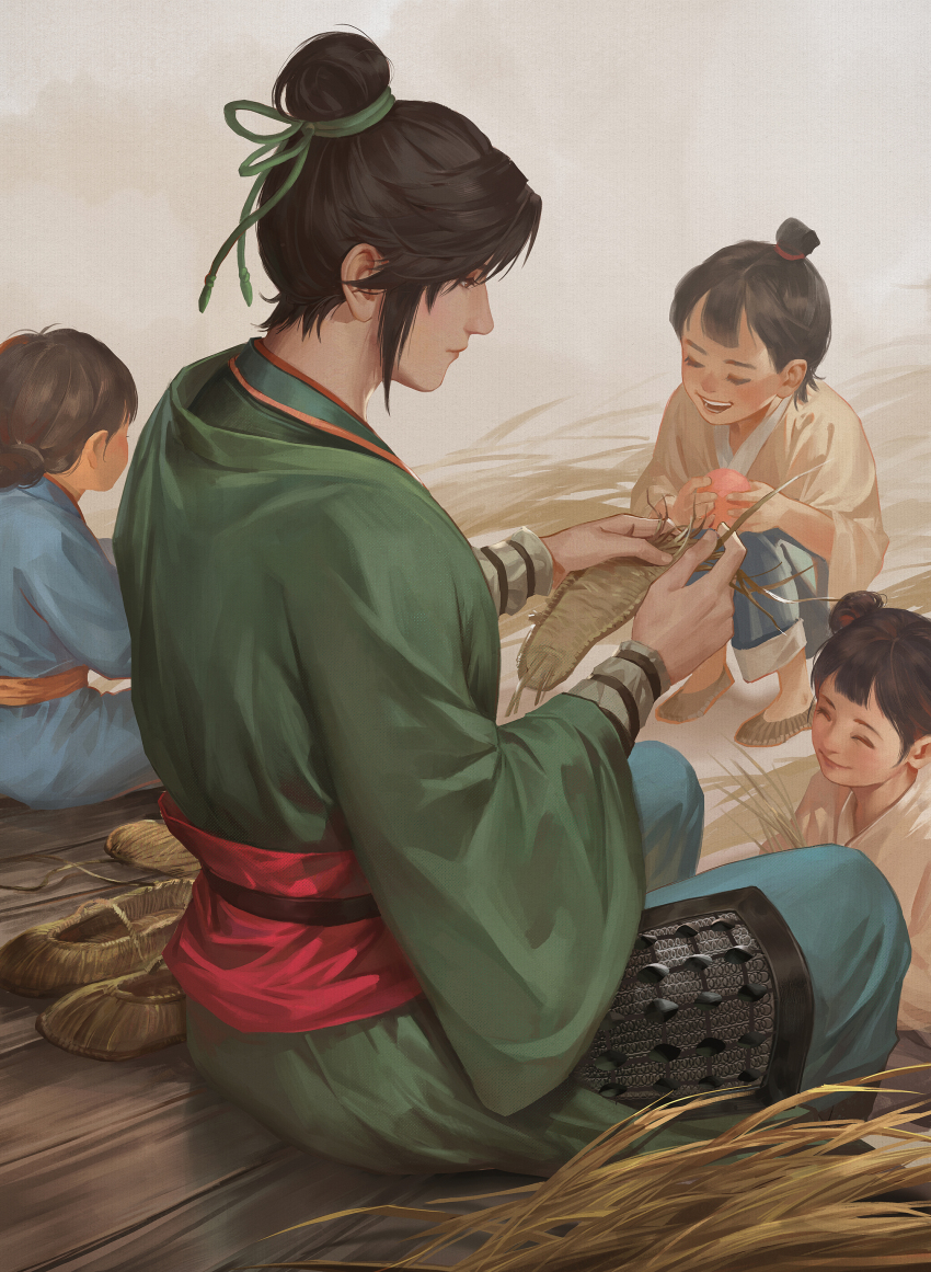 1boy 3girls absurdres black_hair child closed_mouth commentary_request hair_bun hay highres japanese_clothes kdash liu_bei_(shin_sangoku_musou) multiple_girls open_mouth shin_sangoku_musou shin_sangoku_musou_origins short_hair single_hair_bun sitting weaving wide_sleeves wooden_floor