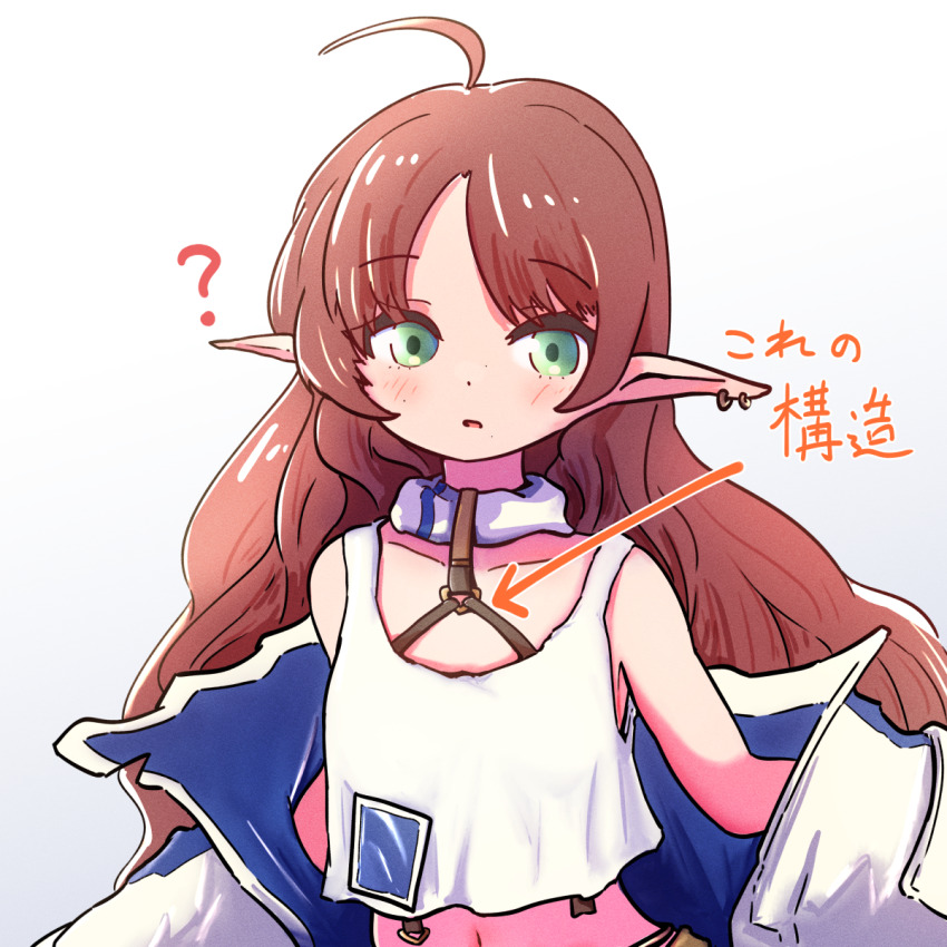 1girl ? ahoge arknights arrow_(symbol) breasts commentary_request earrings green_eyes grey_background highres jacket jewelry kiyu_es335 looking_at_viewer myrtle_(arknights) open_mouth pointy_ears red_hair shirt simple_background sleeveless sleeveless_shirt small_breasts solo translation_request white_background white_jacket white_shirt