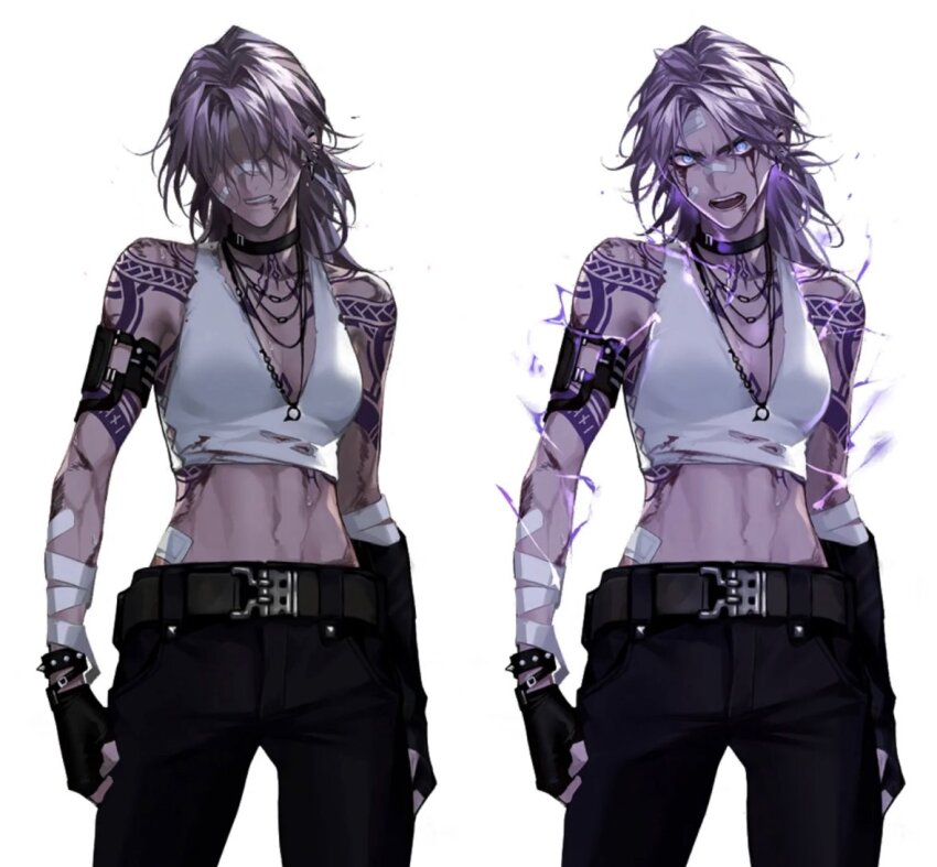 artist_request belt jewelry looking_at_viewer midriff navel necklace pants path_to_nowhere source_request tagme tattoo zoya_(path_to_nowhere)