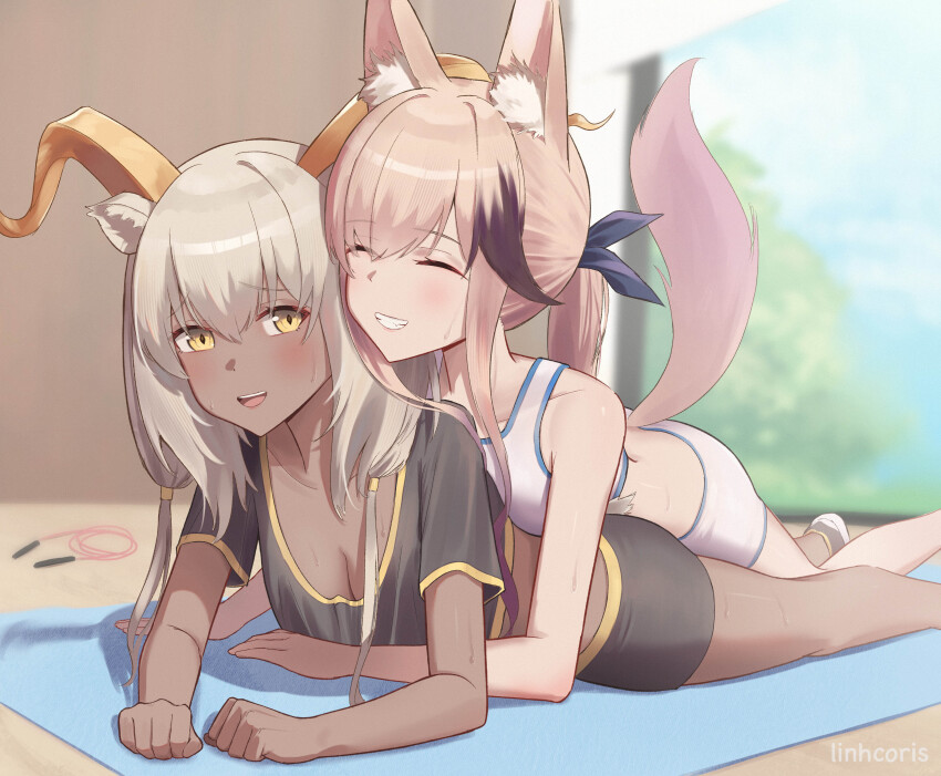 2girls absurdres animal_ear_fluff animal_ears arknights artist_name beeswax_(arknights) black_shirt black_shorts blush breasts brown_hair cardigan_(arknights) closed_eyes commentary crop_top dog_ears dog_girl dog_tail english_commentary fang goat_ears grin highres horns linhcoris long_hair lying lying_on_person medium_breasts multiple_girls on_stomach open_mouth shirt shorts small_breasts smile sports_bra sweat tail white_shorts white_sports_bra yellow_eyes yuri