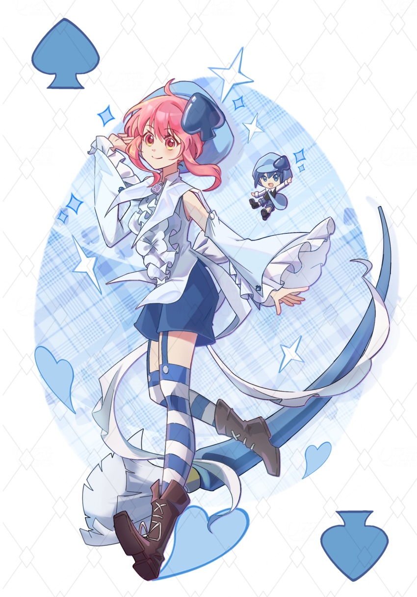 2girls ace_(playing_card) ace_of_spades ahoge amulet_spade bare_shoulders beret blue_capelet blue_eyes blue_hair blue_hat blue_shirt blue_shorts blue_sleeves blue_thighhighs boots brown_boots buttons capelet card center_frills chen_quming_hao_nan chibi chinese_commentary closed_mouth commentary_request lace-up_boots detached_sleeves egg eyelashes floating_hair frilled_sleeves frills full_body hair_ornament hand_in_own_hair hat highres hinamori_amu humpty_lock_(shugo_chara!) light_blush long_sleeves looking_at_viewer magical_girl miki_(shugo_chara!) mini_person minigirl multiple_girls open_mouth orange_eyes outstretched_arms oversized_object paintbrush pink_hair playing_card ribbed_thighhighs shirt short_hair_with_long_locks shorts shugo_chara! sleeveless sleeveless_shirt smile spade_(shape) spade_hair_ornament sparkle striped_clothes striped_thighhighs tareme thighhighs two-tone_thighhighs watermark watermark_grid white_background white_thighhighs wide_sleeves