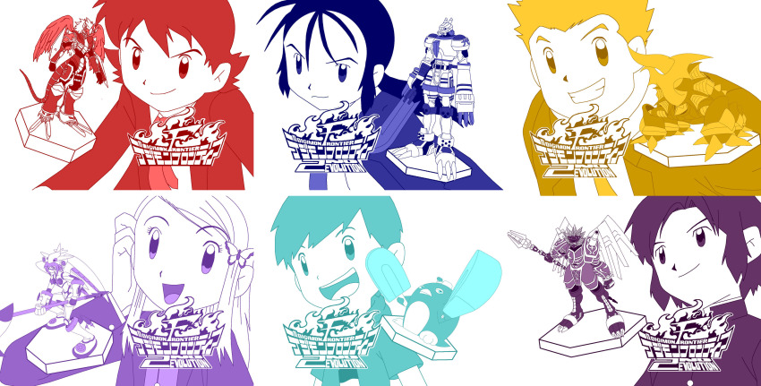 1girl 5boys absurdres aldamon armor beowolfmon bird daipenmon digimon food happy highres himi_tomoki jetsilphymon kanbara_takuya kimura_kouichi minamoto_kouji multiple_boys orimoto_izumi penguin popsicle raihimon rhinokabuterimon shibayama_junpei smile wings