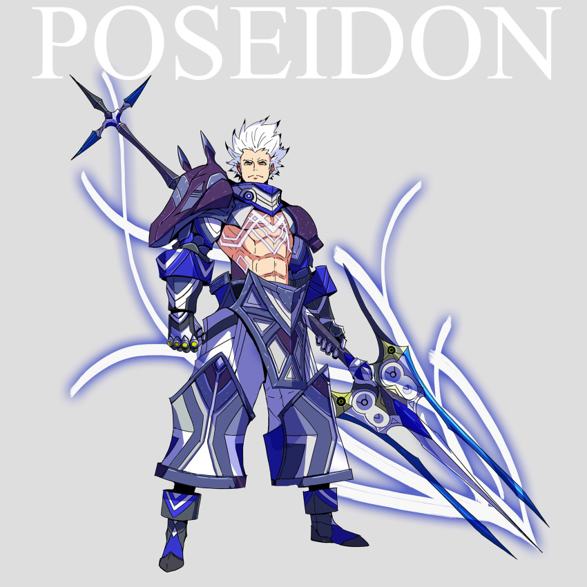 1boy armor bare_pectorals character_name chest_tattoo full_body gauntlets glowing_tattoo greek_mythology grey_background highres looking_at_viewer male_focus mecha_danshi muscular original palow pants pectorals polearm poseidon_(mythology) shoulder_armor solo tattoo trident weapon white_hair yellow_eyes