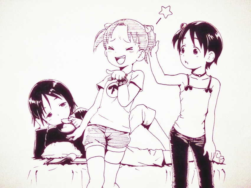 aphex_twin bed camisole closed_eyes commentary_request flat_chest highres ichigo_mashimaro itou_chika itou_nobue laughing looking_at_another lying matsuoka_miu monochrome on_side one_side_up pointing rico_(maikubakaa) short_hair shorts thighhighs two_side_up