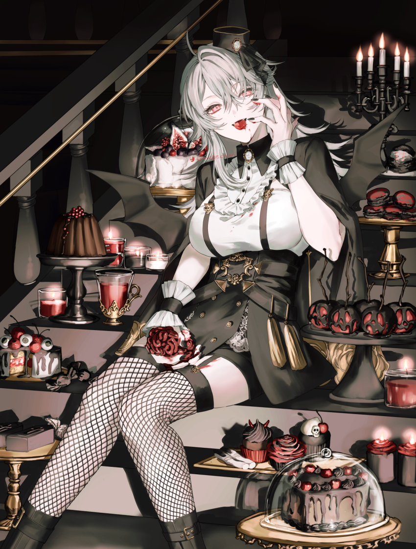 1girl bat_wings blood blood_from_mouth cake candle food hat highres jewelry lace lace-trimmed_legwear lace_trim looking_at_viewer mege_(megechan) original red_eyes skullcap solo vampire victorian white_hair wings