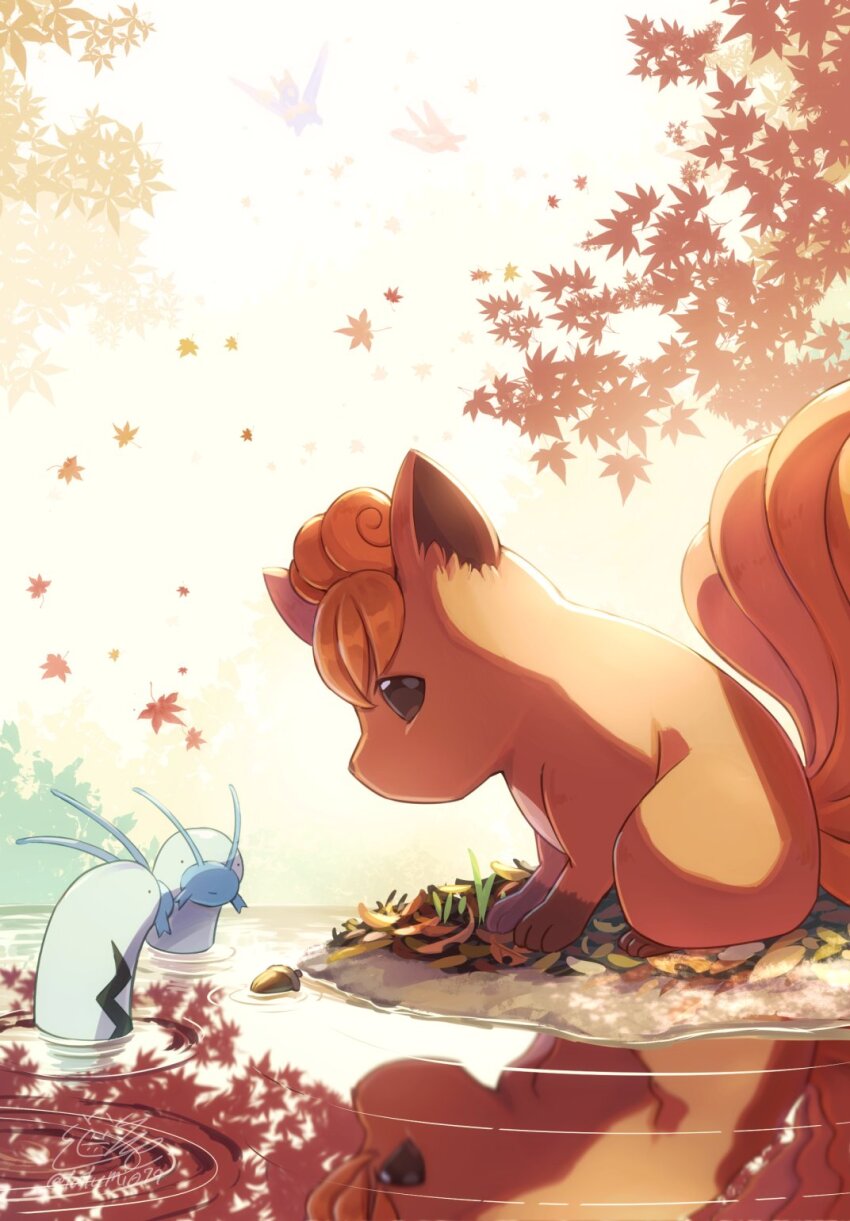autumn autumn_leaves barboach fish fox gen_1_pokemon gen_3_pokemon highres latias latios leaf legendary_pokemon looking_down nintendo no_humans orange_hair pokemon pokemon_(creature) reflection reflective_water sitting tatsumi_(panneko) vulpix water wings