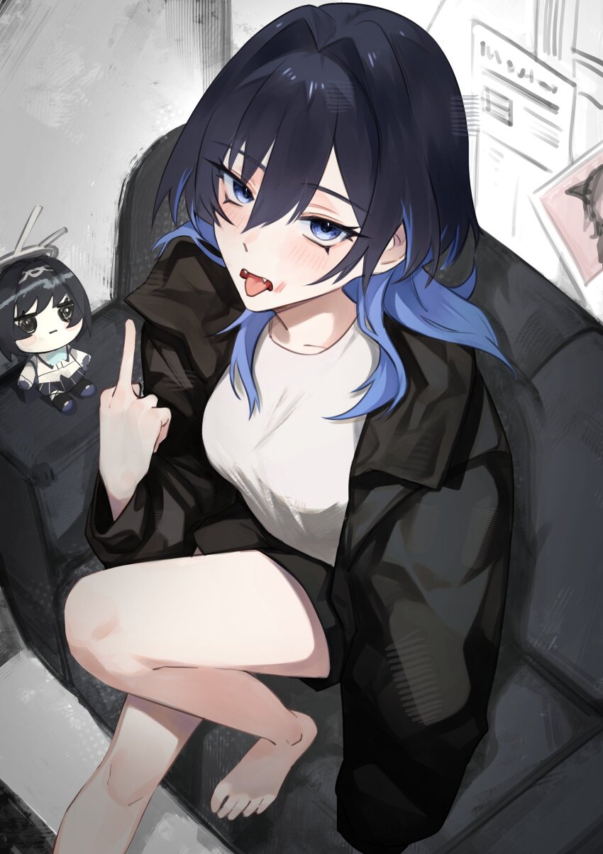 1girl absurdres barefoot black_hair black_jacket blue_eyes blue_hair character_doll couch doll fangs feet highres hololive hololive_english hunk_404 indoors jacket middle_finger multicolored_hair on_couch open_mouth ouro_kronii shirt solo tongue tongue_out two-tone_hair virtual_youtuber white_shirt