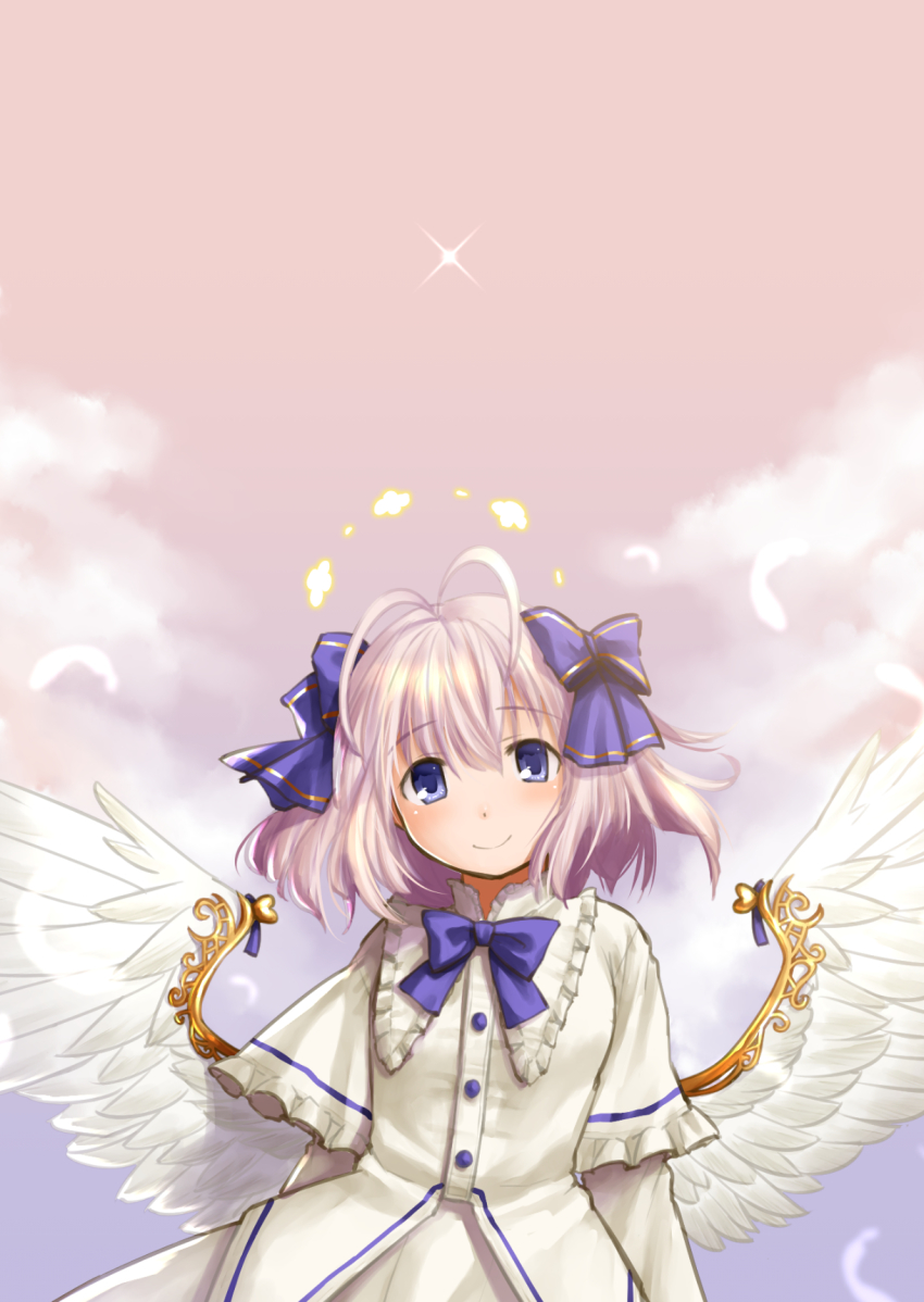 1girl antenna_hair blue_eyes bow commentary_request dress emil_chronicle_online feathered_wings female_focus flat_chest hair_bow halo highres kasuga_yukihito light_purple_hair low_wings short_hair smile solo white_dress white_wings wings