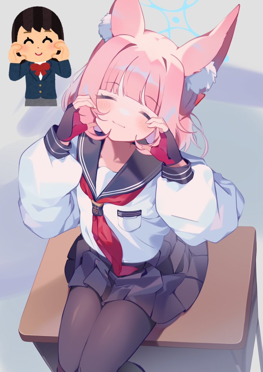1girl animal_ear_fluff animal_ears black_gloves black_pantyhose blue_archive blue_halo blunt_bangs closed_eyes desk fingerless_gloves fox_ears fox_girl gloves halo highres medium_hair neckerchief niko_(blue_archive) on_desk pantyhose pink_hair red_neckerchief school_uniform serafuku sitting smile solo teoskyrios