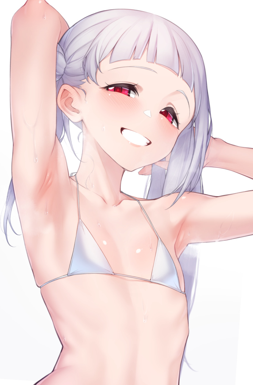 1girl :d arashi_chisato armpits arms_up bikini blunt_bangs blush collarbone double_bun ear_blush flat_chest grey_hair grin hair_bun highres long_hair love_live! love_live!_superstar!! nasuno_(nasuno42) open_mouth parted_lips red_eyes simple_background smile solo steaming_body sweat swimsuit teeth twintails upper_body white_background white_bikini
